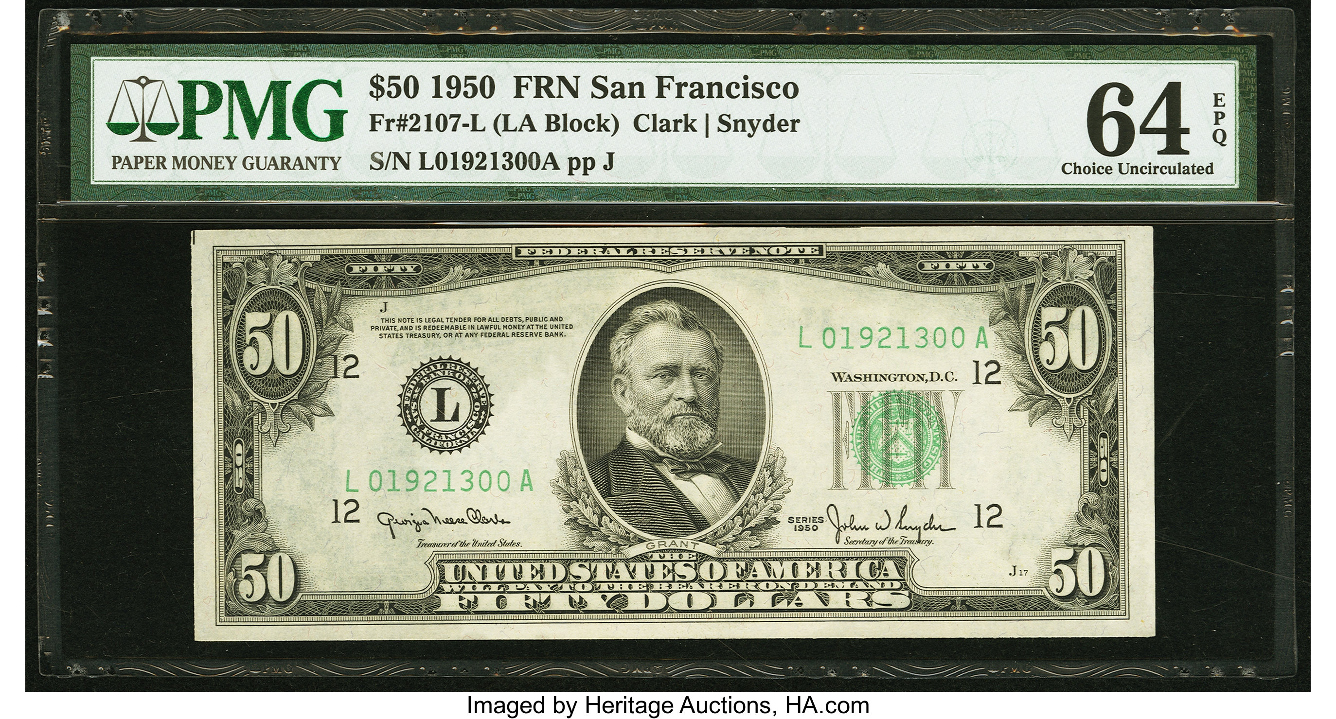 image for: Fr. 2107-L $50 1950 Federal Reserve Note. PMG Choice Uncirculated 64 EPQ....