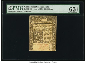 image for: Connecticut June 1, 1775 20s Uncancelled PMG Gem Uncirculated 65 EPQ....