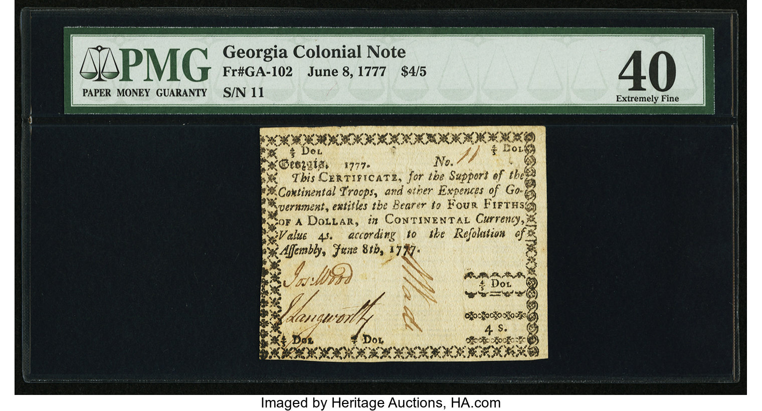 image for: Georgia June 8, 1777 $4/5 PMG Extremely Fine 40....