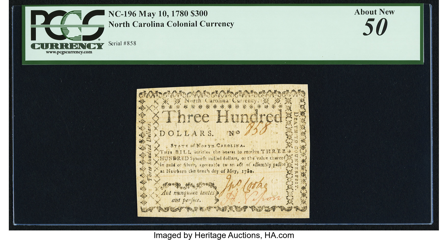 image for: North Carolina May 10, 1780 $300 Aut Numquam Tentes Aut Perfice PCGS About New 50....