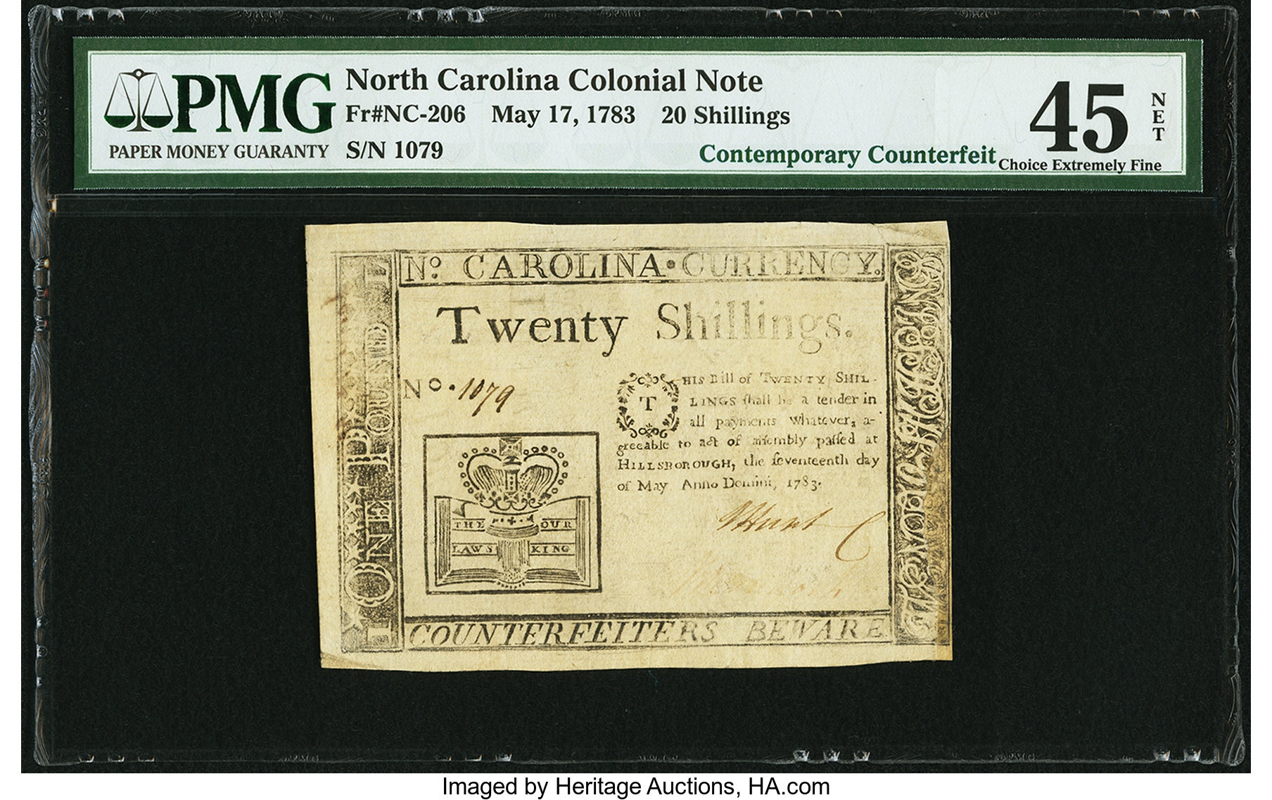 image for: North Carolina May 17, 1783 20s Crown and book Contemporary Counterfeit PMG Choice Extremely Fine 45 Net....