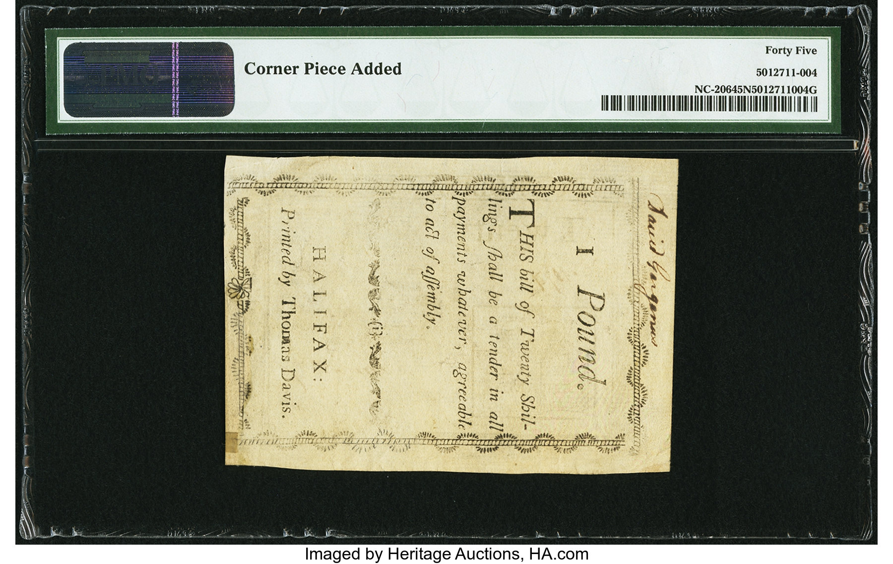 image for: North Carolina May 17, 1783 20s Crown and book Contemporary Counterfeit PMG Choice Extremely Fine 45 Net....