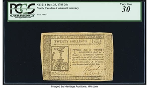 image for: North Carolina December 29, 1785 20s Angel Gabriel and church PCGS Very Fine 30....