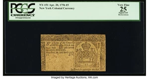 image for: New York April 20, 1756 £5 PCGS Apparent Very Fine 25....
