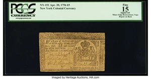 image for: New York April 20, 1756 £5 PCGS Apparent Fine 15....