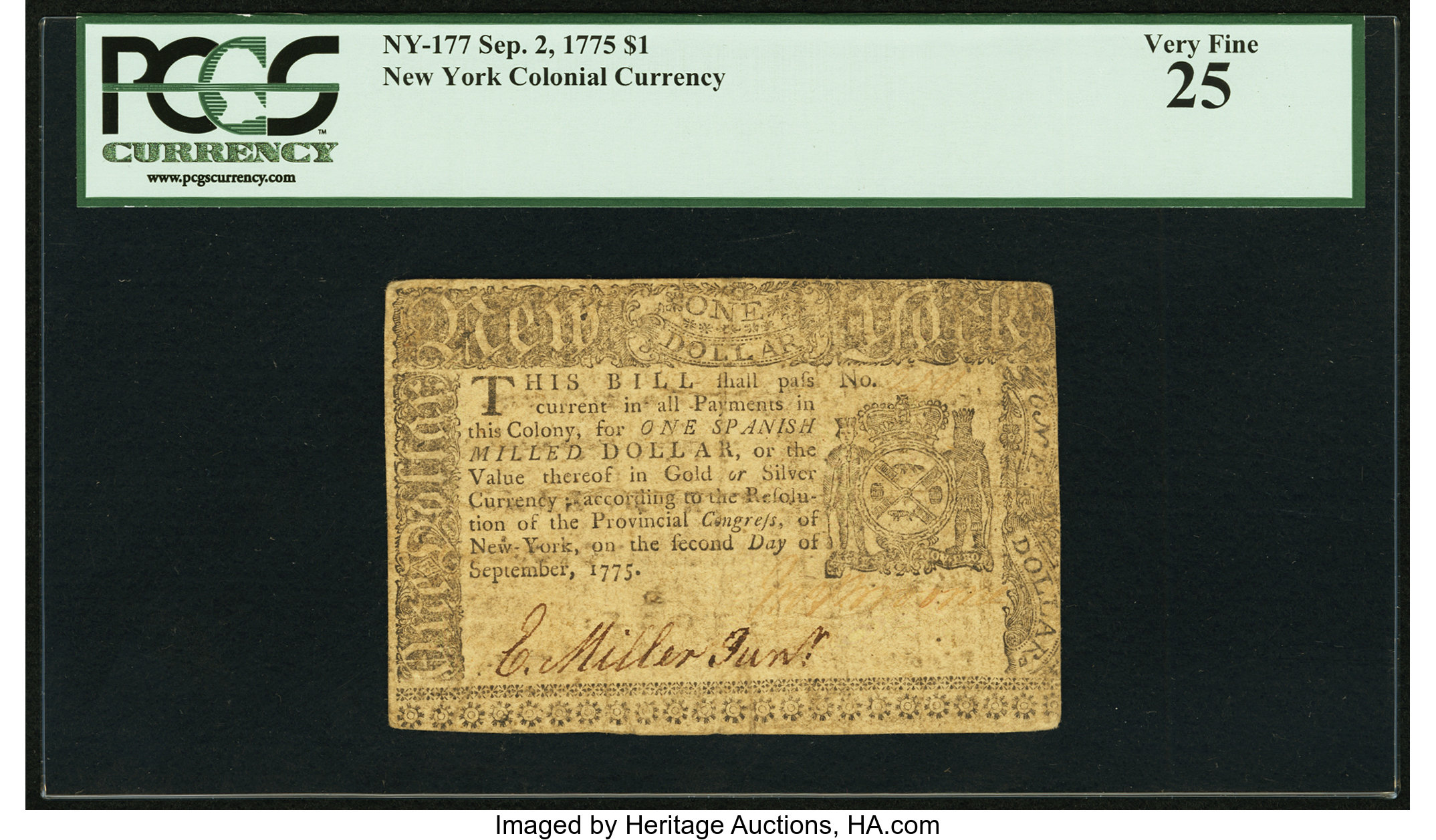 image for: New York September 2, 1775 $1 PCGS Very Fine 25....