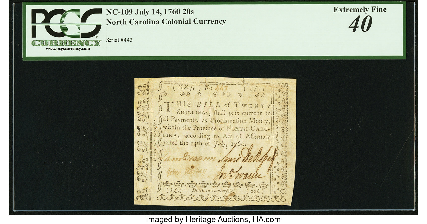 image for: North Carolina July 14, 1760 20s PCGS Extremely Fine 40....