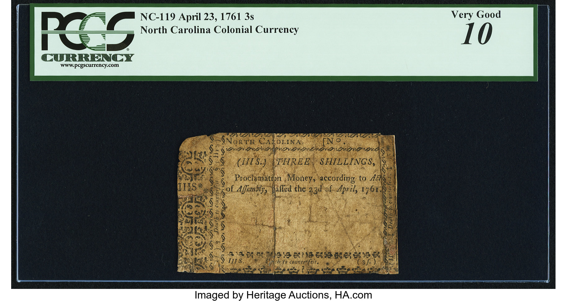 image for: North Carolina April 23, 1761 3s PCGS Very Good 10....