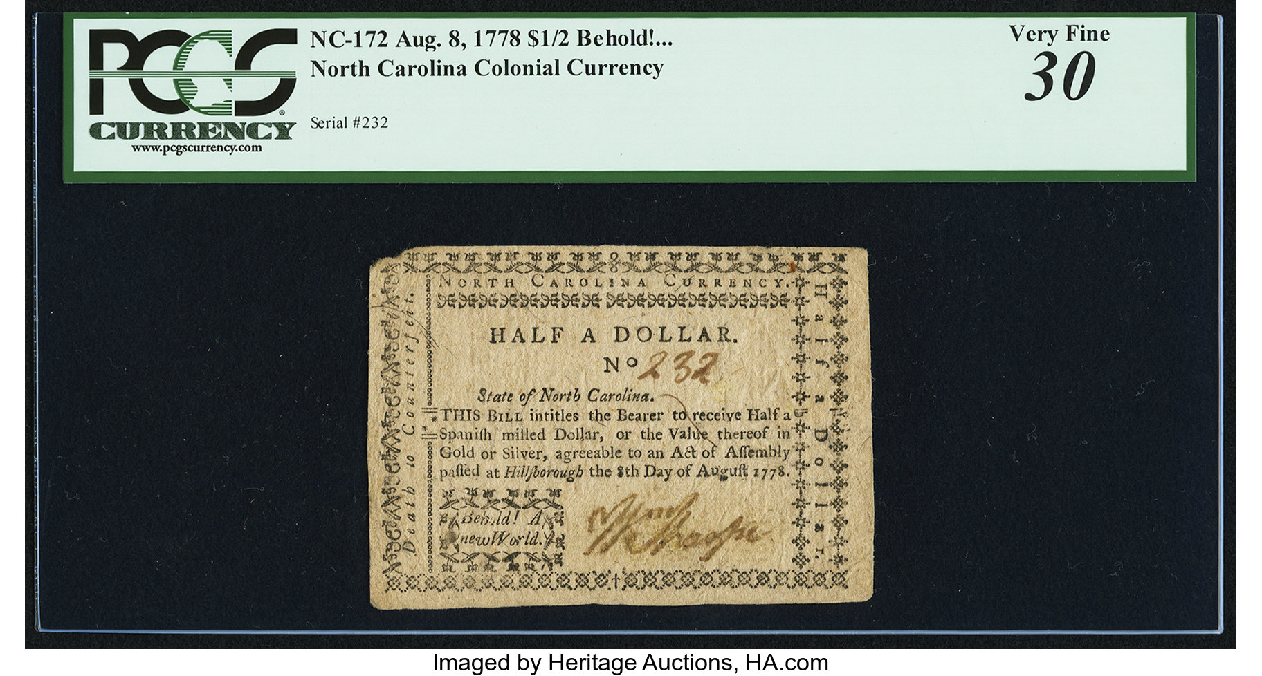 image for: North Carolina August 8, 1778 $1/2 Behold! A New World PCGS Very Fine 30....