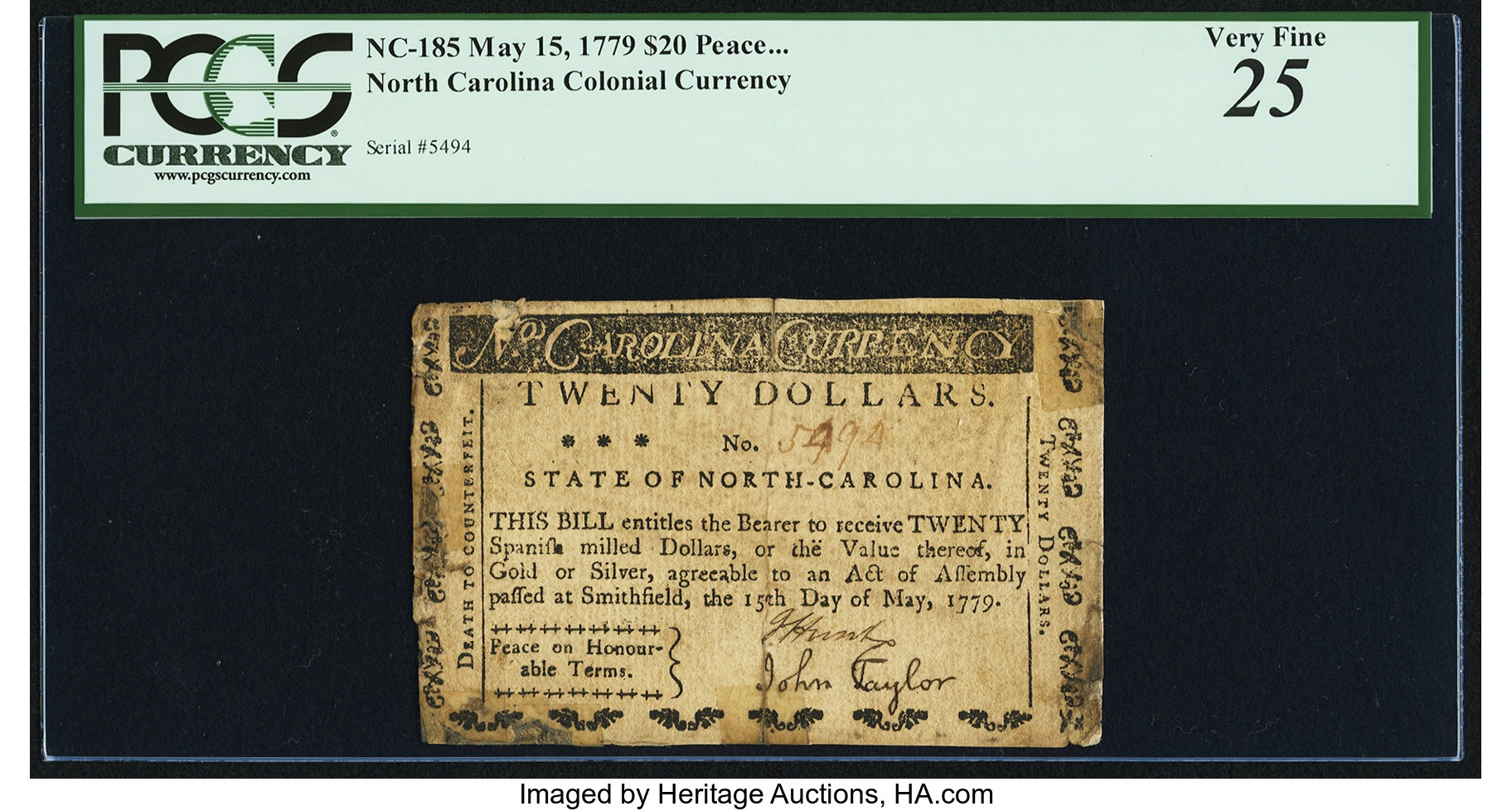 image for: North Carolina May 15, 1779 $20 Peace on Honorable Terms PCGS Very Fine 25....