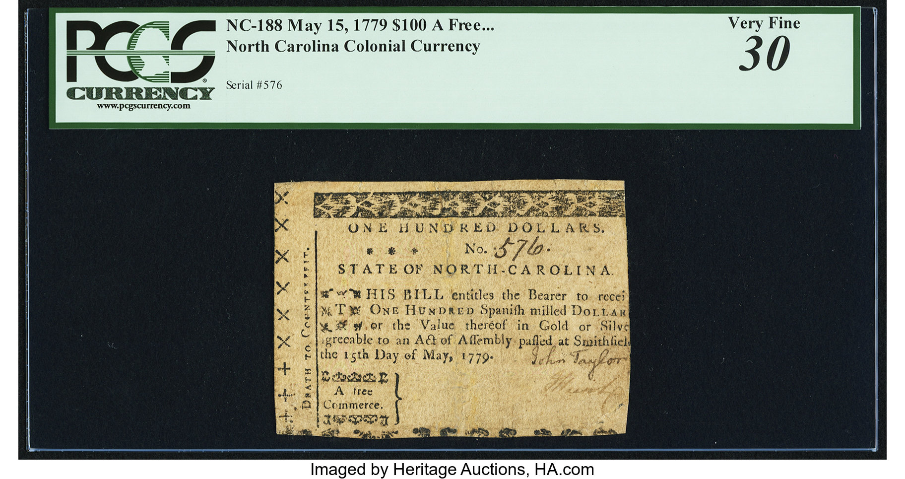 image for: North Carolina May 15, 1779 $100 A Free Commerce PCGS Very Fine 30....