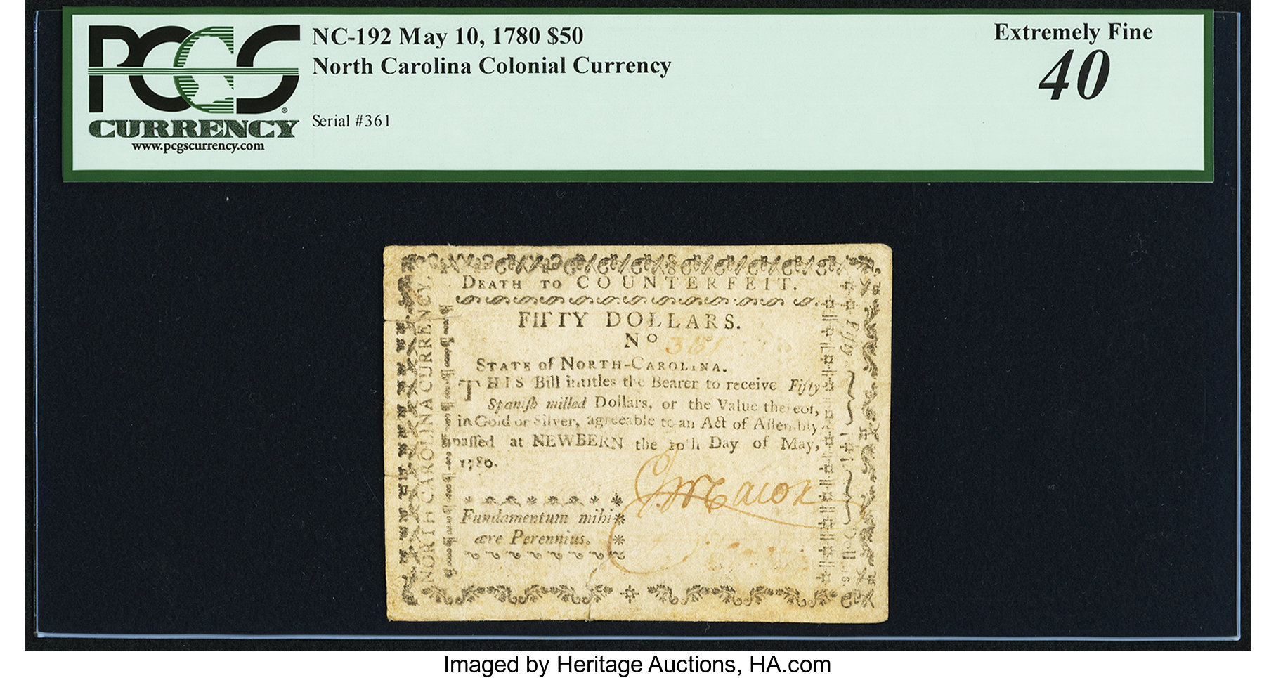 image for: North Carolina May 10, 1780 $50 Fundamentum Mihi Aere Perennius PCGS Extremely Fine 40....