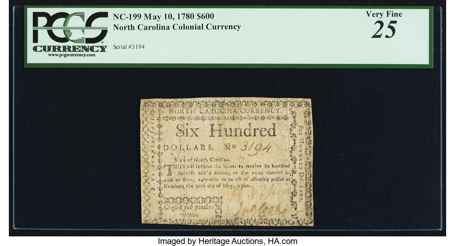 image for: North Carolina May 10, 1780 $600 Crescit Sub Pondere Virtus PCGS Very Fine 25....