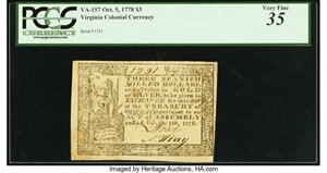 image for: Virginia October 5, 1778 $3 PCGS Very Fine 35....