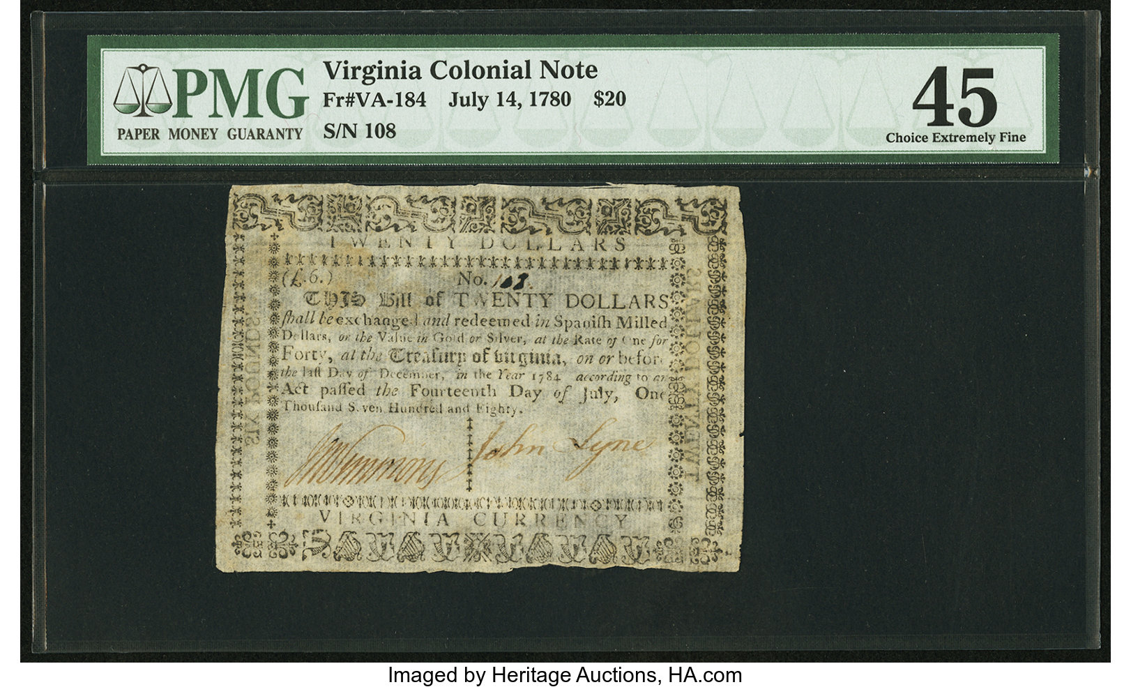 image for: Virginia July 14, 1780 $20 PMG Choice Extremely Fine 45....