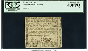 image for: Virginia October 16, 1780 $100 PCGS Extremely Fine 40PPQ....