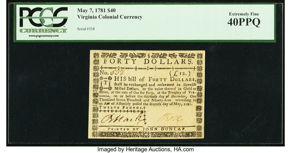 image for: Virginia May 7, 1781 $40 PCGS Extremely Fine 40PPQ....