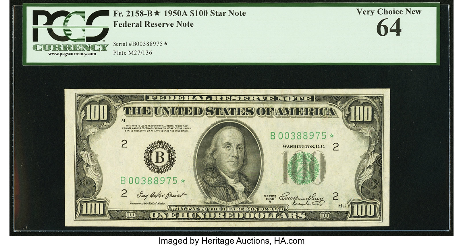 image for: Fr. 2158-B* $100 1950A Federal Reserve Note. PCGS Very Choice New 64....