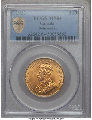 image for: George V gold 10 Dollars 1913 MS64 PCGS