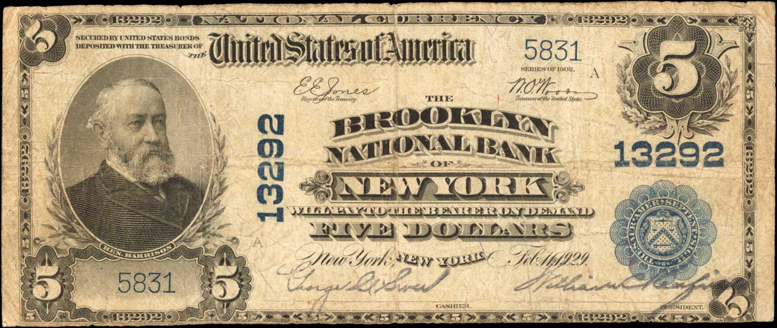 image for: New York, New York. $5 1902 Plain Back. Fr. 612. The Brooklyn NB. Charter #13292. Fine.