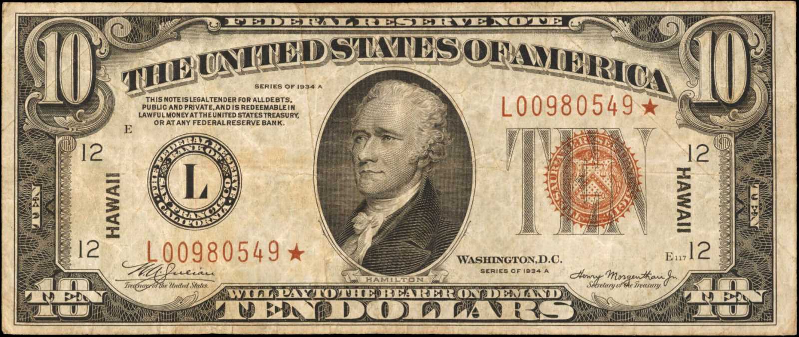 Fr. 2303*. 1934A $10 Hawaii Emergency Star Note. Very Fine.