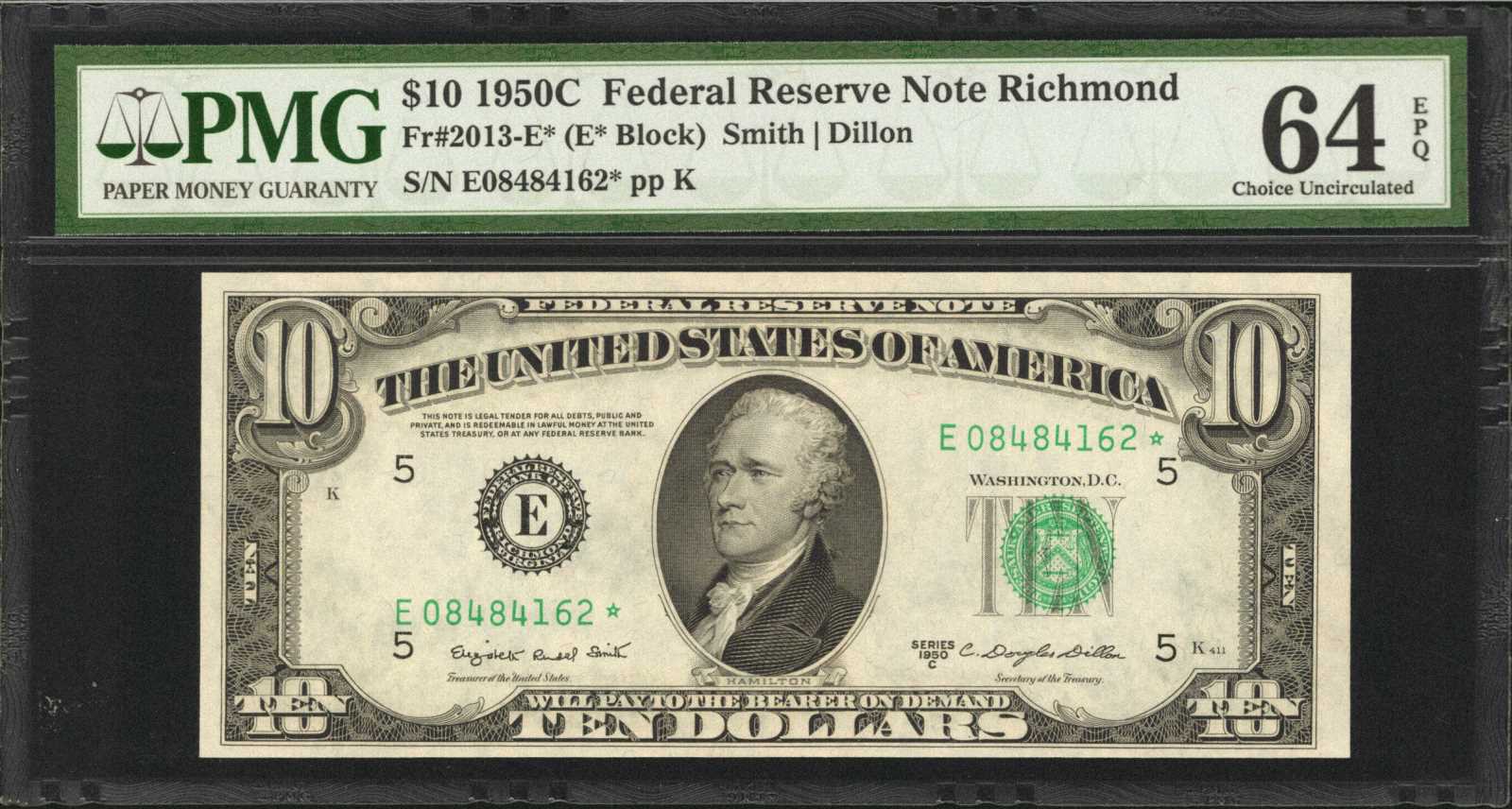 image for: Fr. 2013-E*. 1950C $10 Federal Reserve Star Note. Richmond. PMG Choice Uncirculated 64 EPQ.