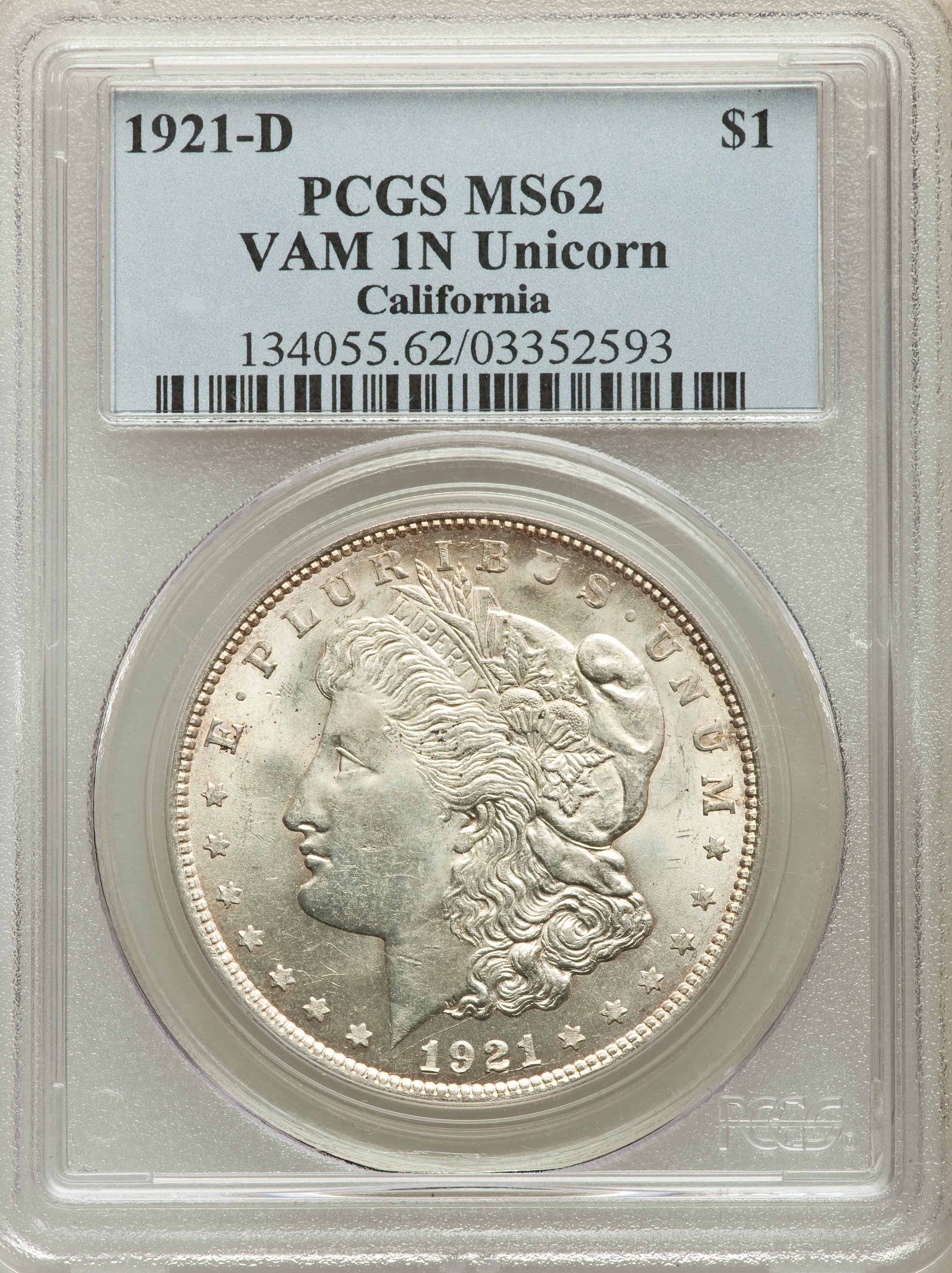 1921-D $1 Unicorn, VAM-1N, MS62 PCGS. Ex: California. PCGS Population: (11/26). NGC Census: (0/0). MS62....