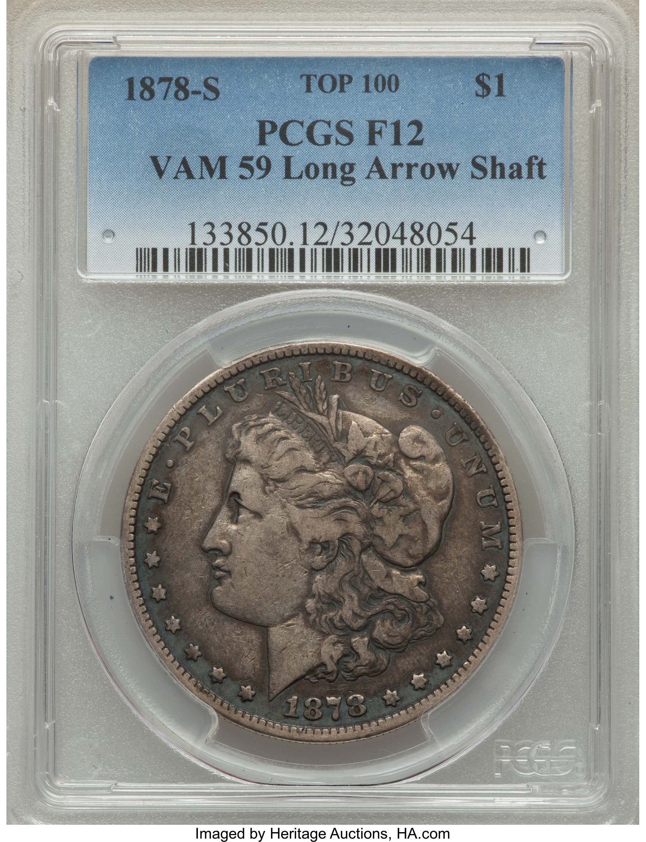 image for: 1878-S $1 Long Arrow Shaft, VAM 59, Fine 12 PCGS. TOP-100. PCGS Population: (4/29). NGC Census: (0/0). Fine 12....