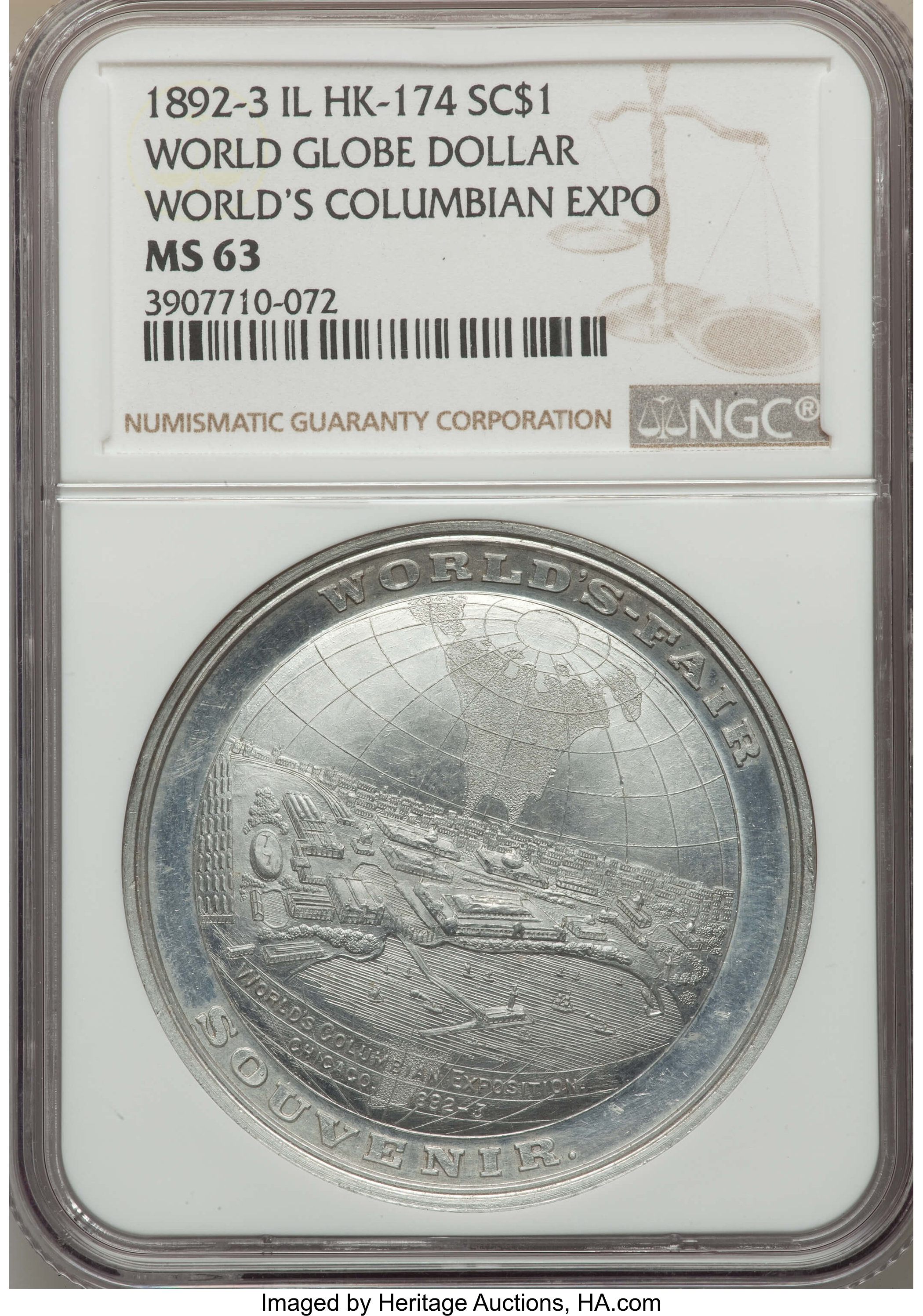 image for: 1893 World's Columbian Exposition, Globe Dollar, Aluminum, HK-174, Eglit-9, R.3, MS63 NGC....