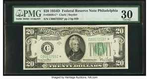 image for: Fr. 2058-C* $20 1934D Wide Federal Reserve Star Note. PMG Very Fine 30....