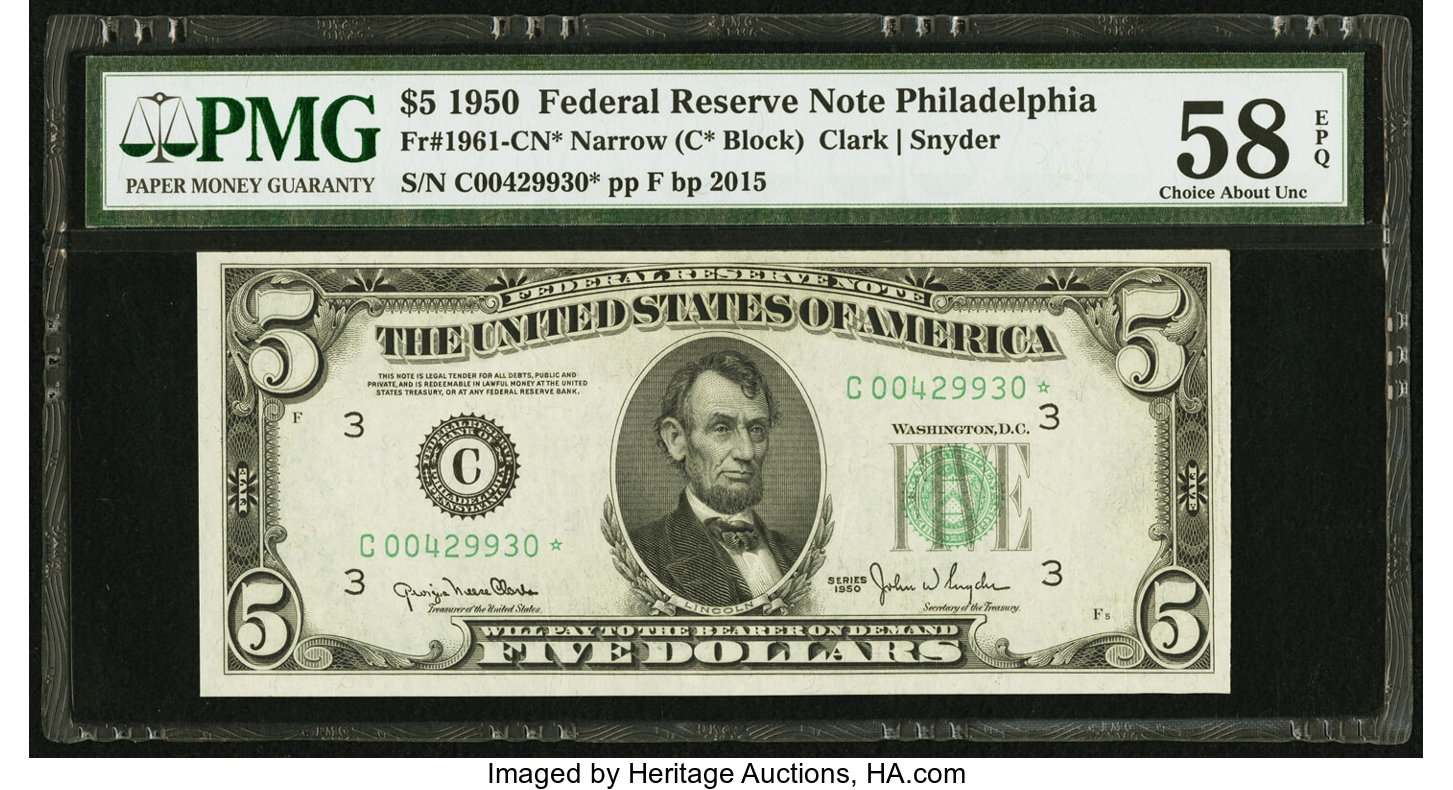 1950 $5 Replacement, Philadelphia (Fr. 1961C*)
