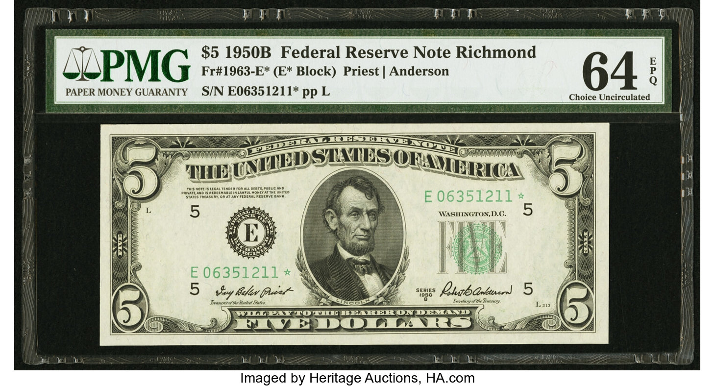 image for: Fr. 1963-E* $5 1950B Federal Reserve Star Note. PMG Choice Uncirculated 64 EPQ....