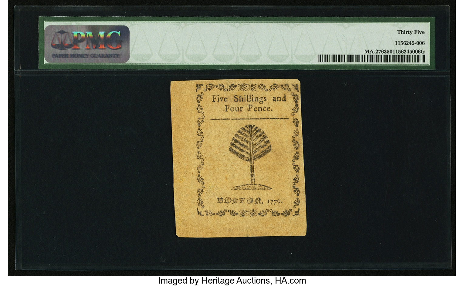 image for: Massachusetts 1779 5s 4d PMG Choice Very Fine 35....