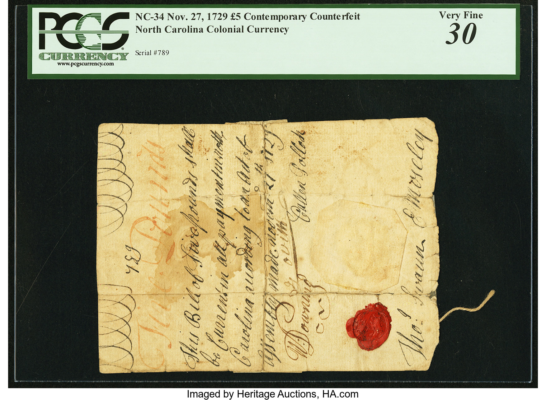image for: North Carolina November 27, 1729 £5 PCGS Very Fine 30....