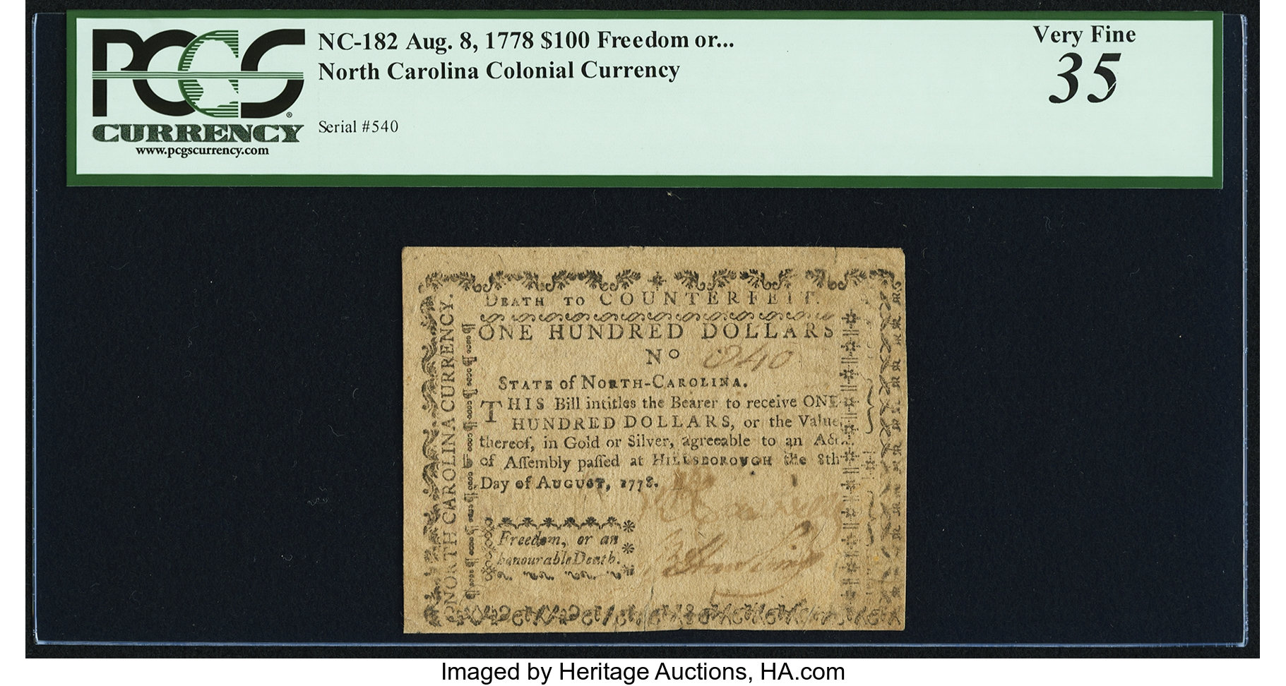 image for: North Carolina August 8, 1778 $100 Freedom or an Honorable Death PCGS Very Fine 35....