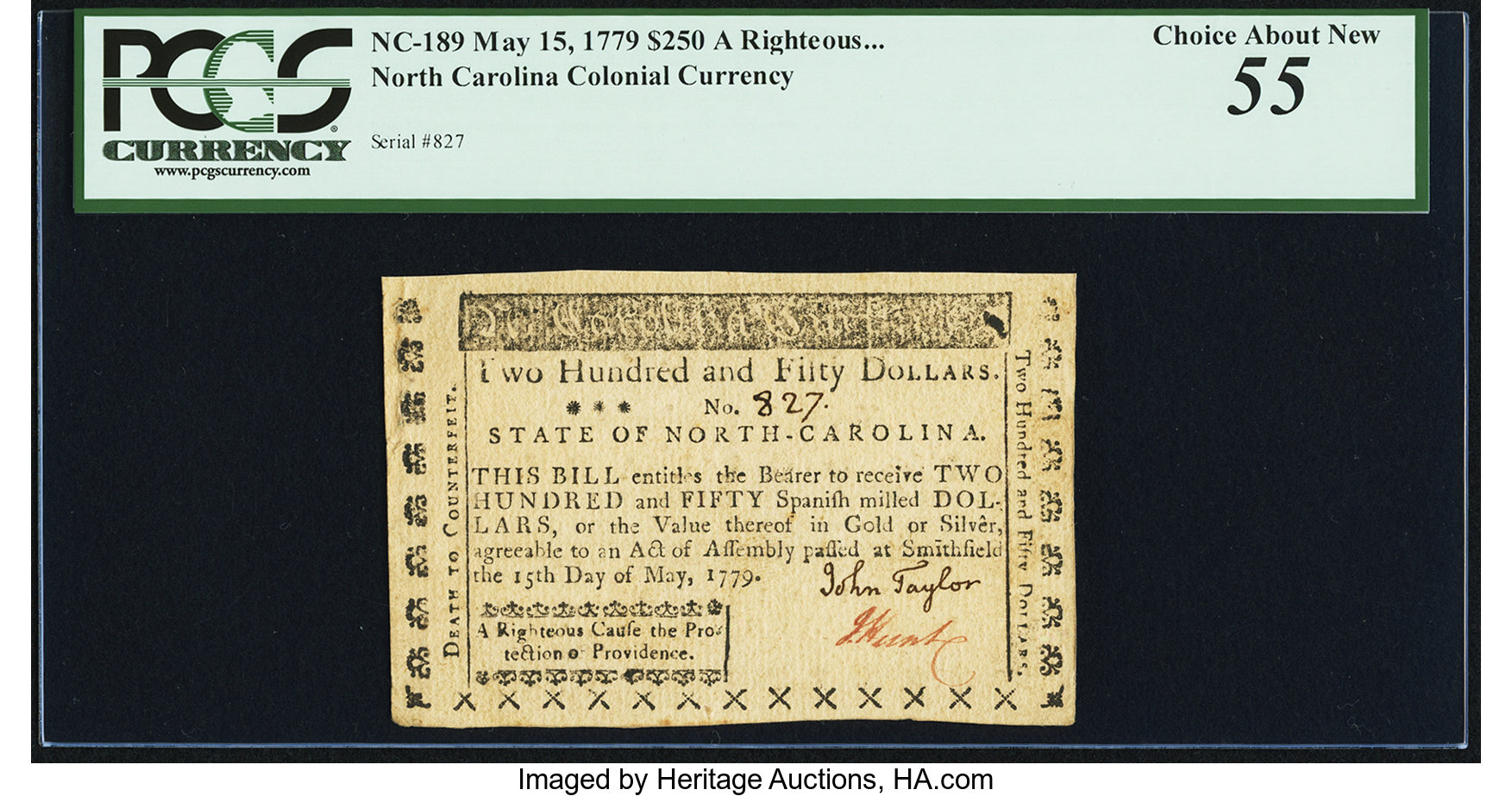image for: North Carolina May 15, 1779 $250 A Righteous Cause the Protection of Providence PCGS Choice About New 55....
