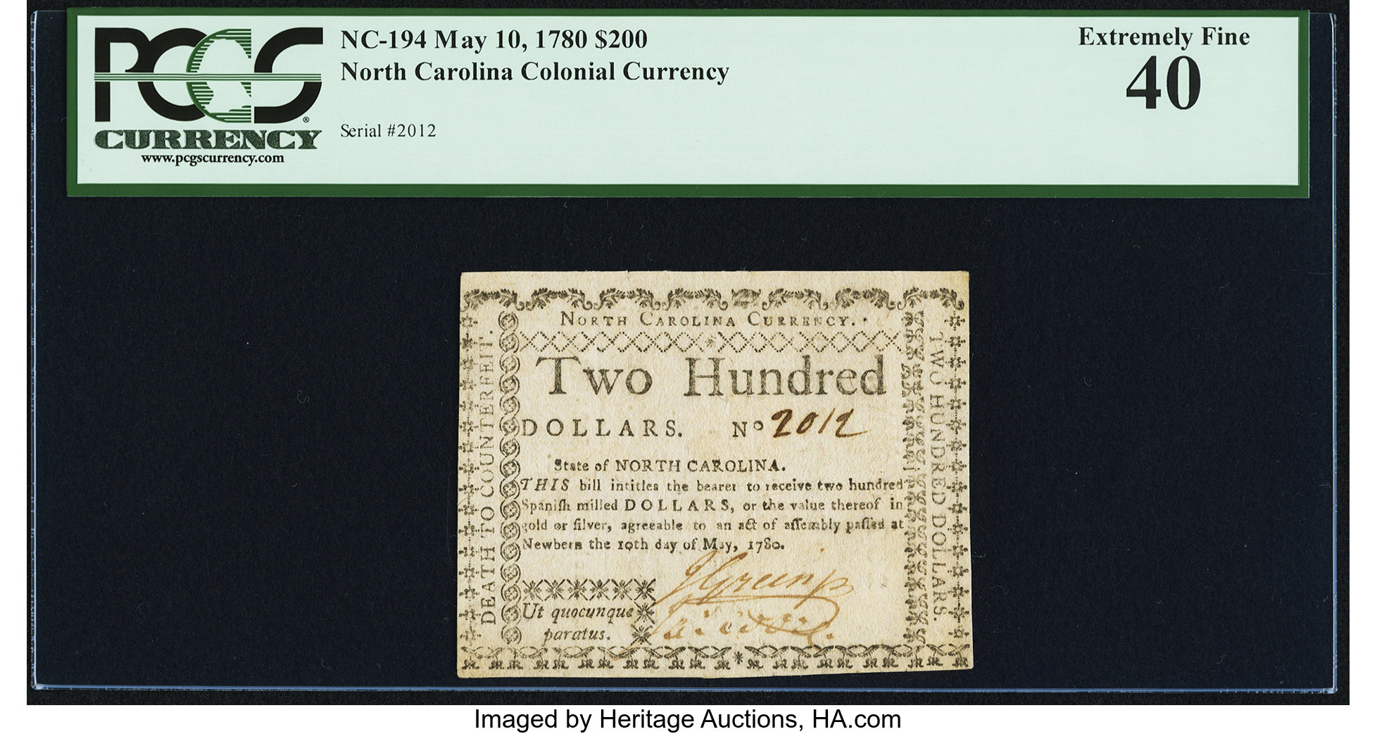 image for: North Carolina May 10, 1780 $200 Ut Quocunque Paratus PCGS Extremely Fine 40....