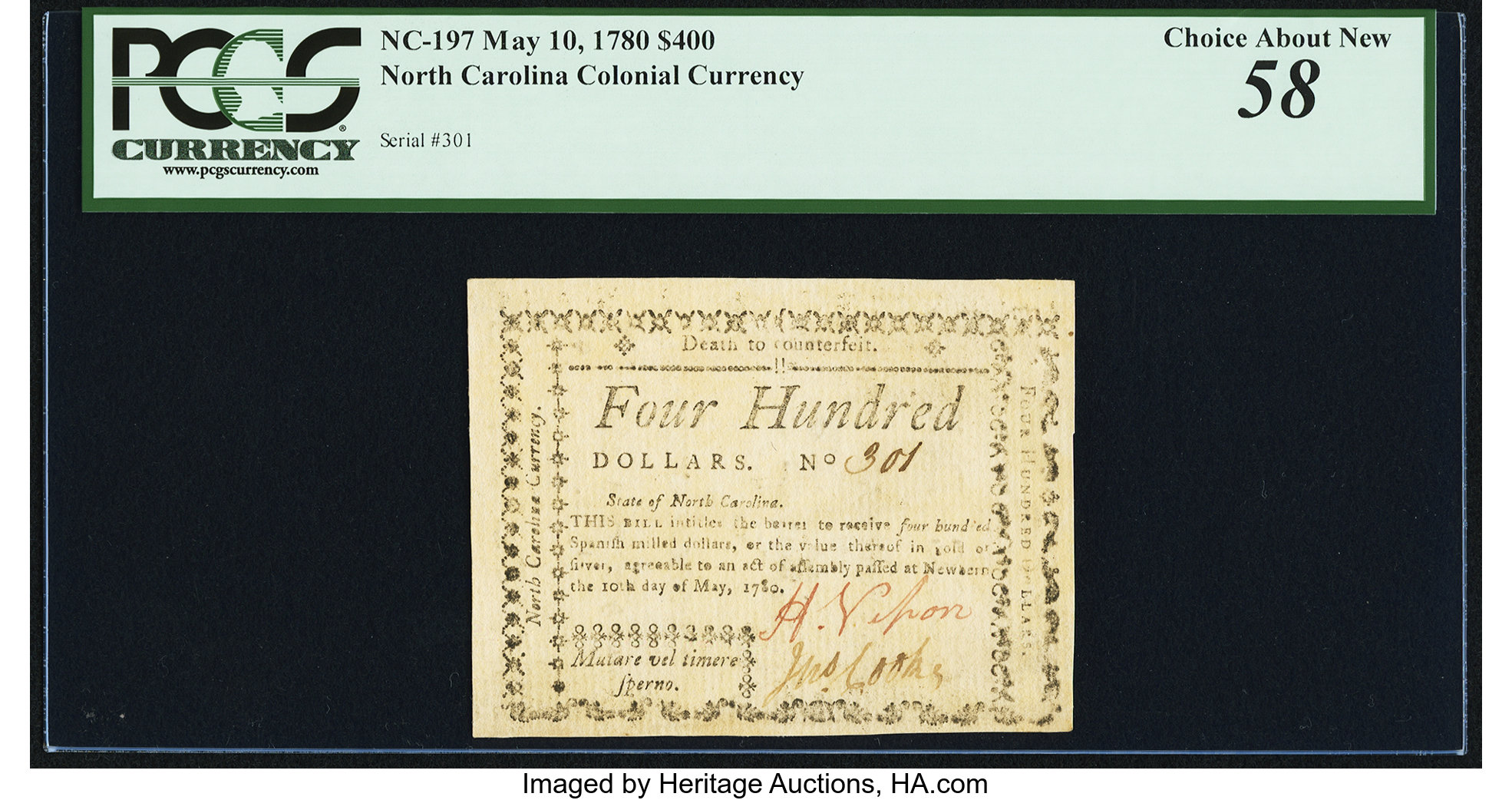 image for: North Carolina May 10, 1780 $400 Mutare Vel Timere Sperno PCGS Choice About New 58....