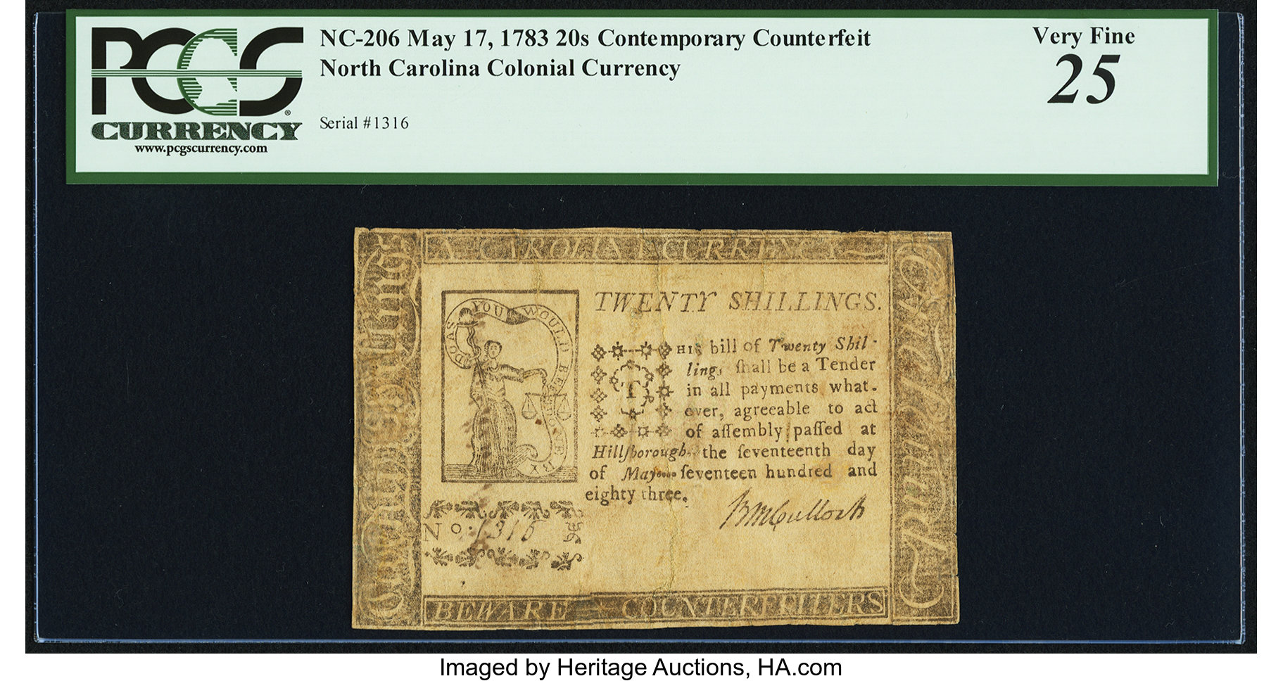 image for: North Carolina May 17, 1783 20s Justice Contemporary Counterfeit PCGS Very Fine 25....
