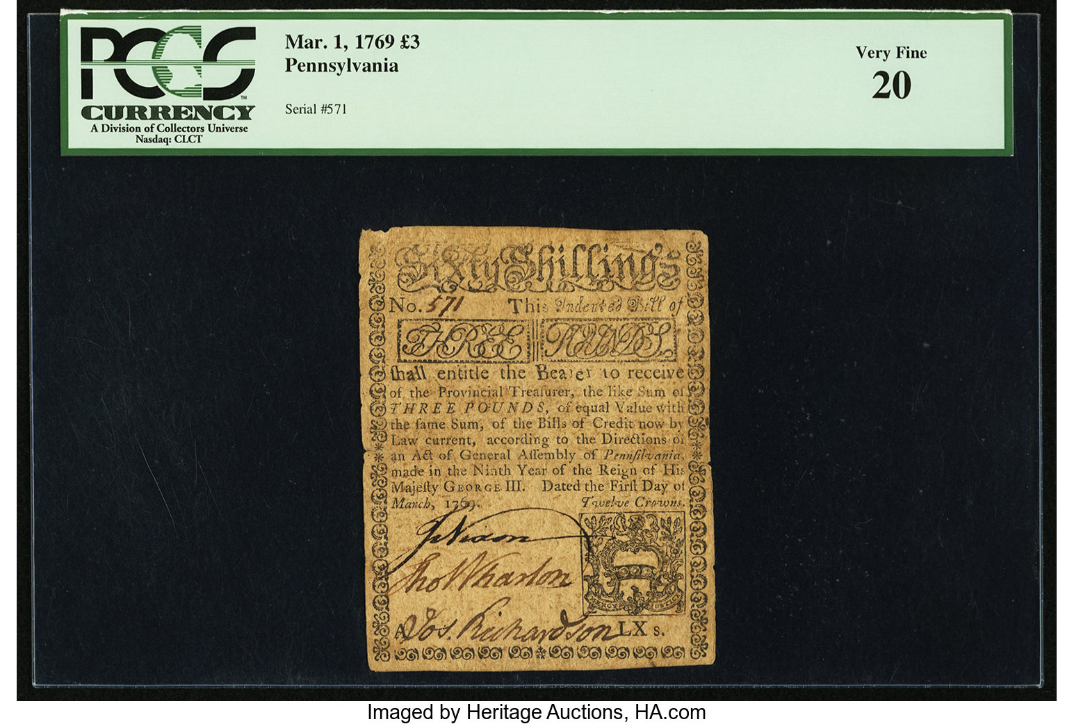 image for: Pennsylvania March 1, 1769 £3 PCGS Very Fine 20....