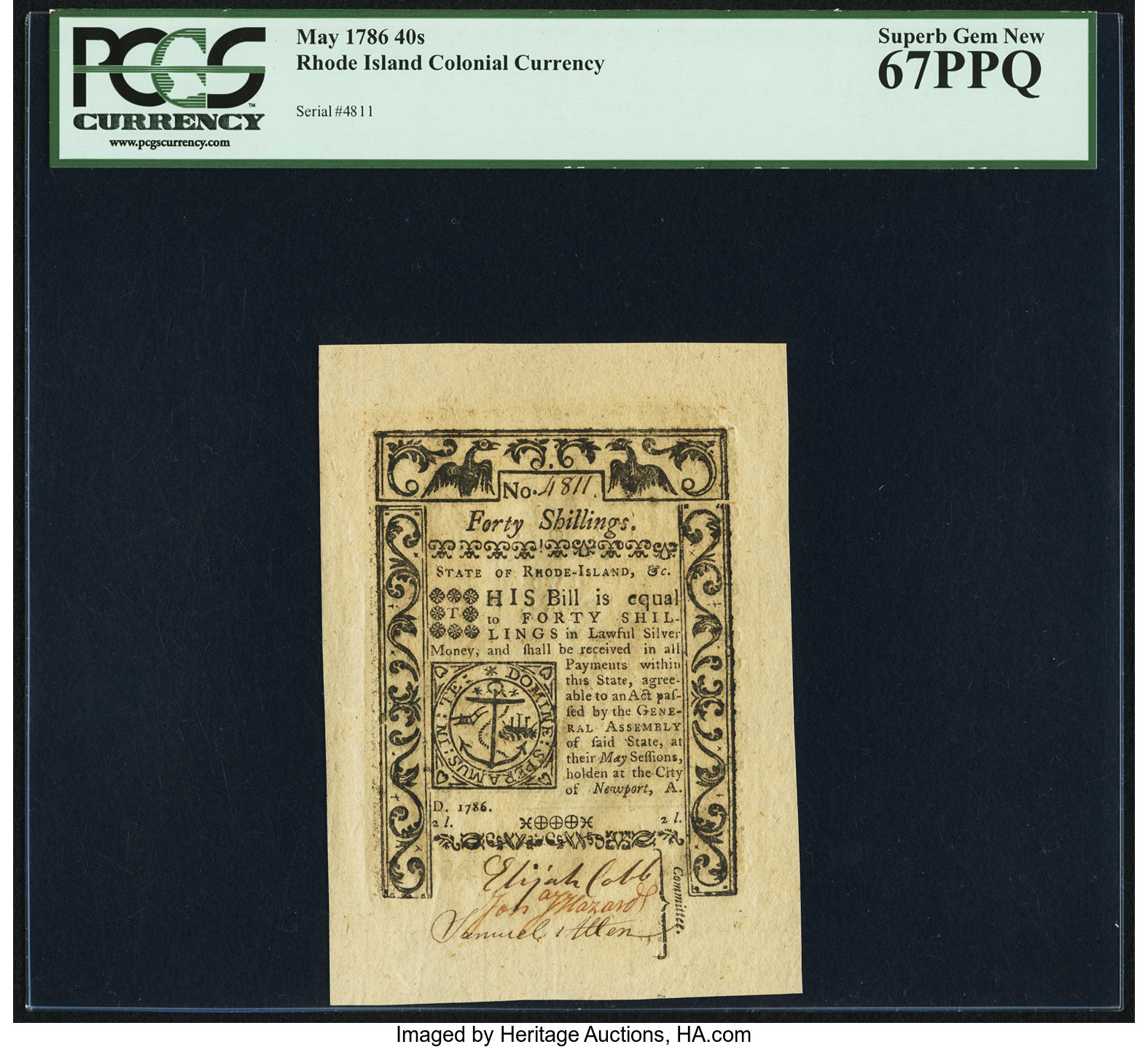 image for: Rhode Island May 1786 40s PCGS Superb Gem New 67PPQ....