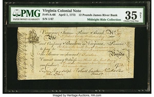 image for: Virginia April 1, 1773 £12 PMG Choice Very Fine 35 Net....