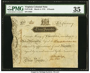 image for: Virginia March 4, 1773 £3 PMG Choice Very Fine 35....