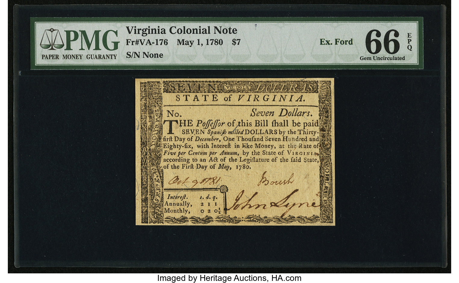 image for: Virginia May 1, 1780 $7 PMG Gem Uncirculated 66 EPQ....