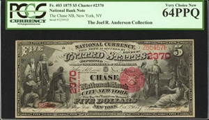 image for: New York, New York. $5 1875. Friedberg 403 (W-700). The Chase NB. Charter #2370. PCGS Currency Very Choice New 64 PPQ.