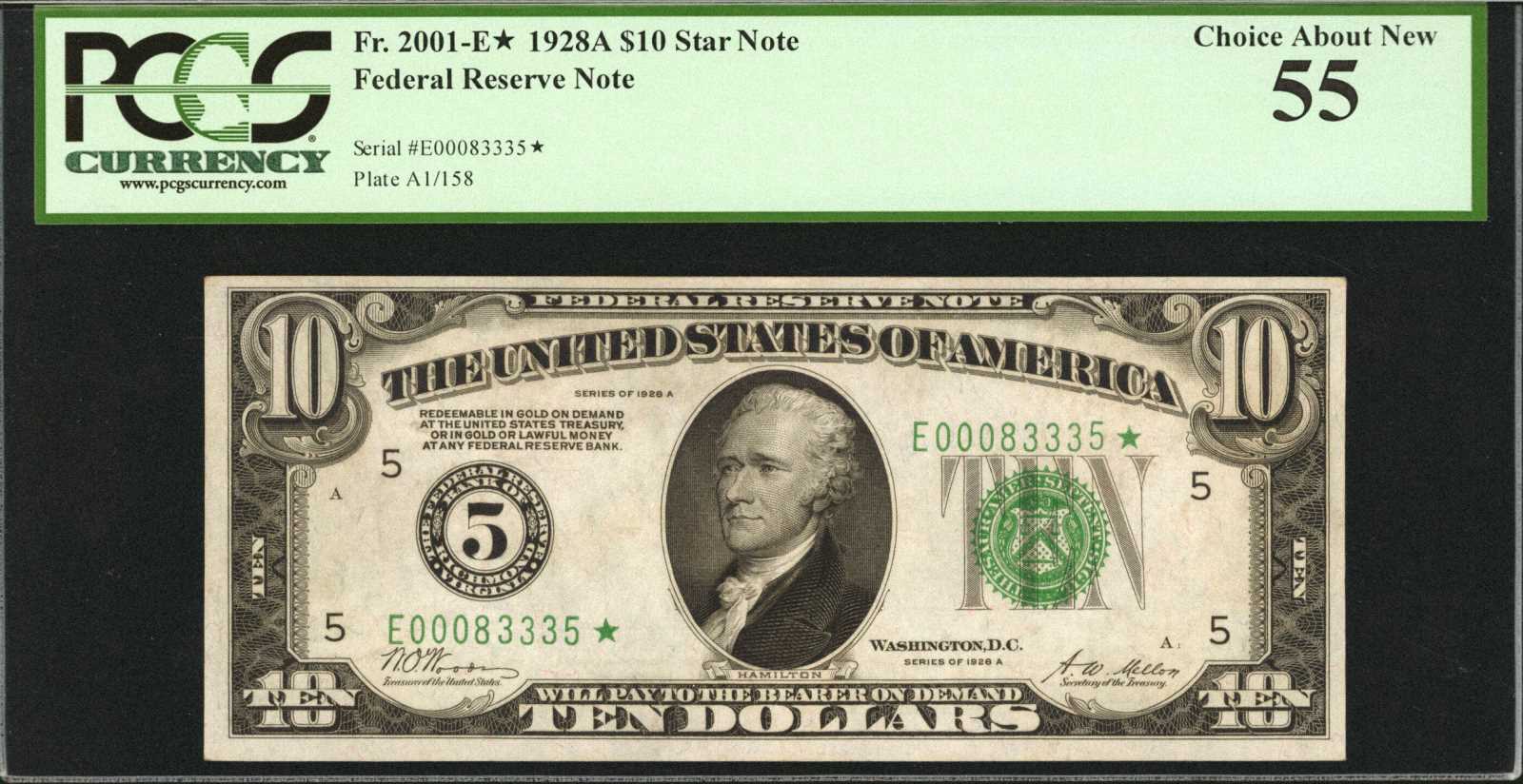image for: Fr. 2001-E*. 1928A $10 Federal Reserve Star Note. Richmond. PCGS Currency Choice About New 55.