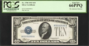 image for: Fr. 1700. 1933 $10 Silver Certificate. PCGS Currency Gem New 66 PPQ.