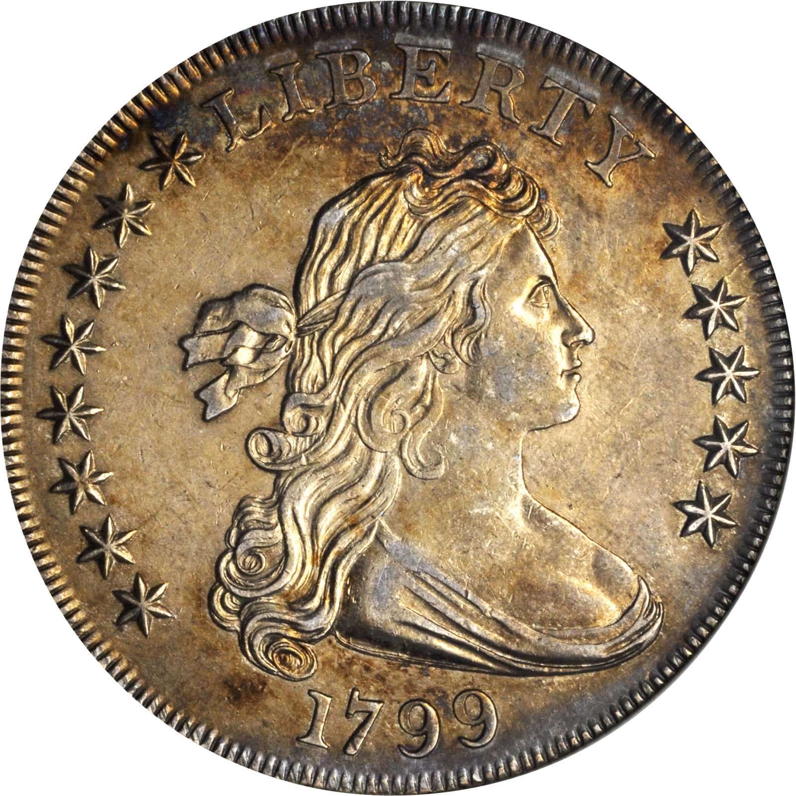 image for: 1799 Draped Bust Silver Dollar. BB-159, B-23. Rarity-4. Stars 8x5. AU-50 (ANACS). OH.