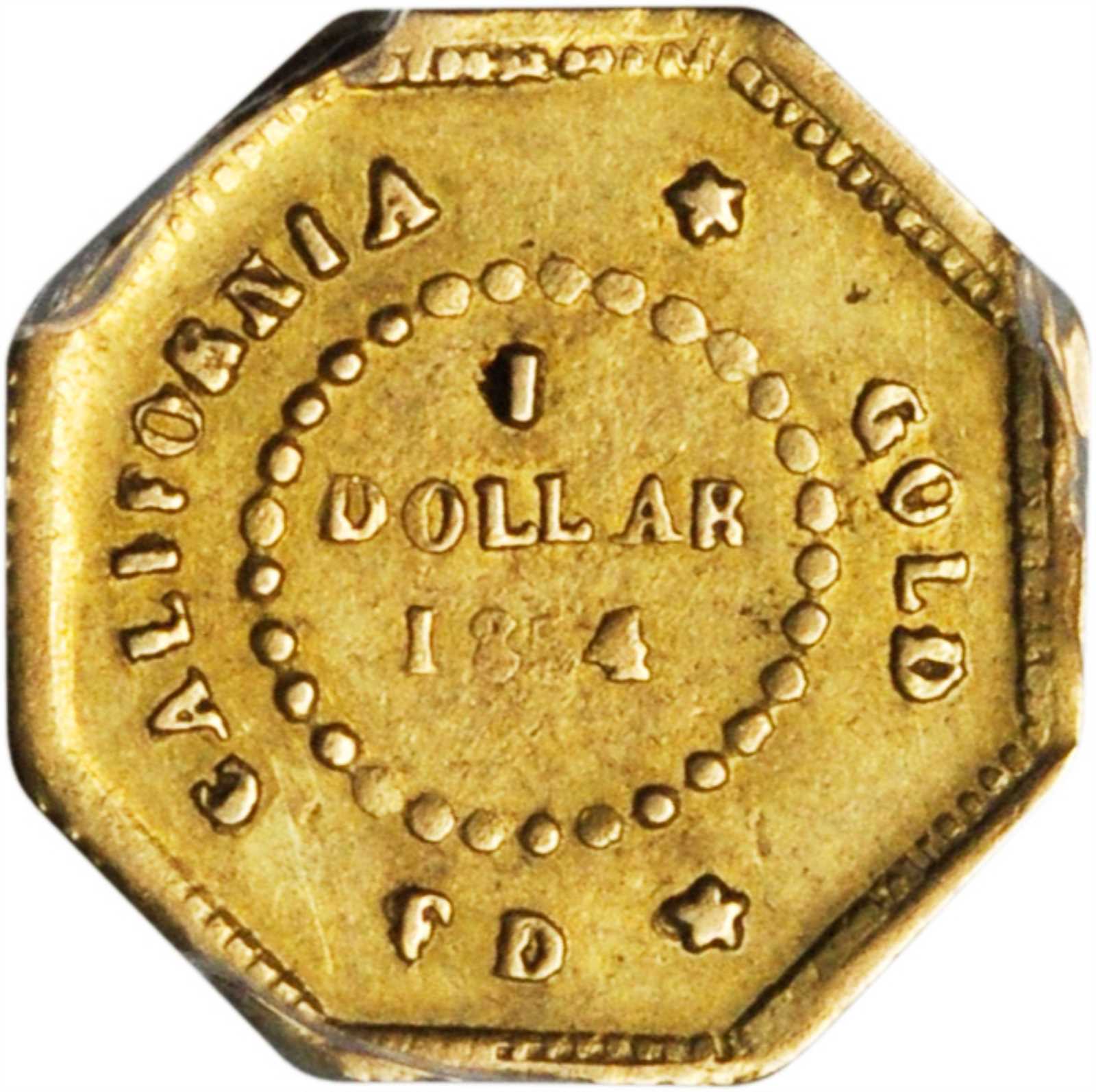 image for: 1854-FD Octagonal $1. BG-507. Rarity-6+. Liberty Head. AU-55 (PCGS).