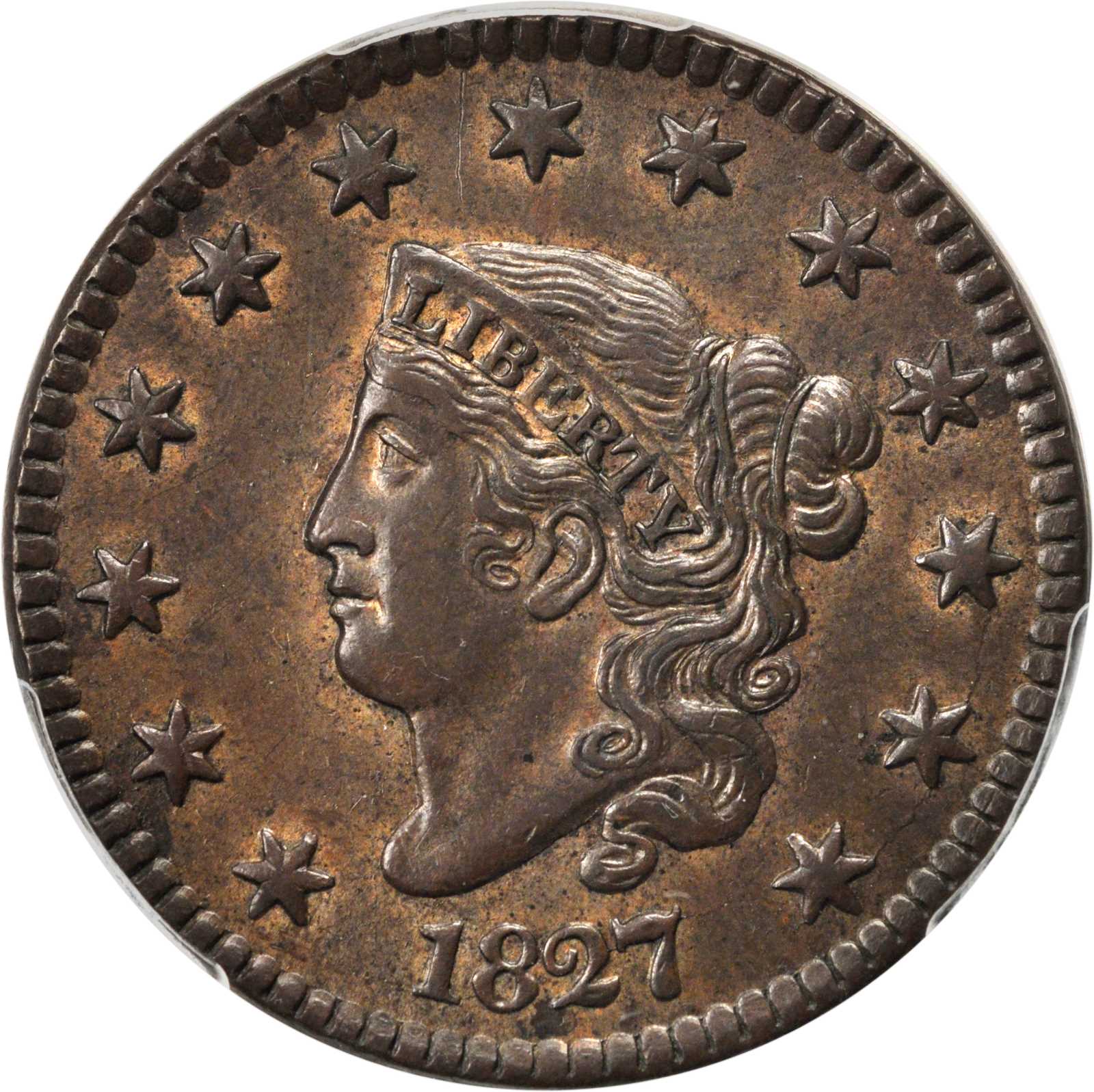 image for: 1827 Matron Head Cent. N-6. Rarity-3. AU-58 (PCGS).